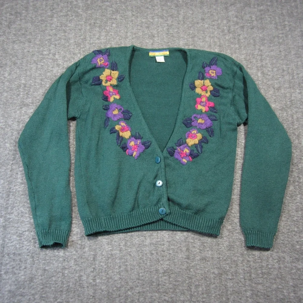Vtg Bryn Connelly Cardigan S Green Floral Embroidered Grandma Cottage Spring - Picture 2 of 10